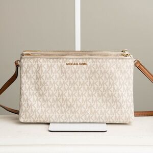 Michael Kors Classic MK Logo Print Small Purse Double pocket Crossbody Bag Cream